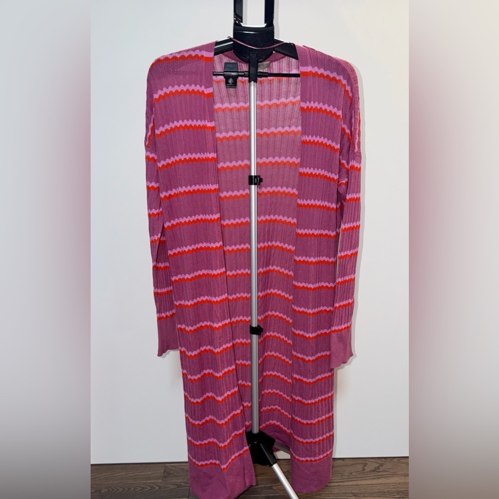 LOFT RED AND PINK LONG LINE OPEN FRONT CARDIGAN
